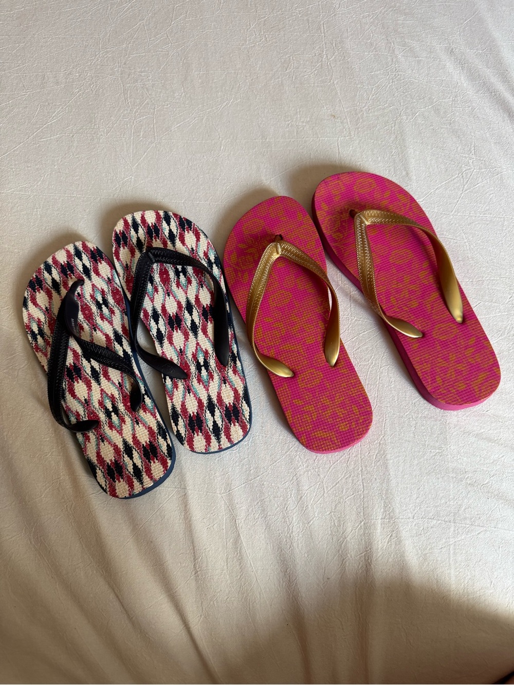 Avon Pink & Gold Flip Flops and Black-Patterned Slip-On Sandals